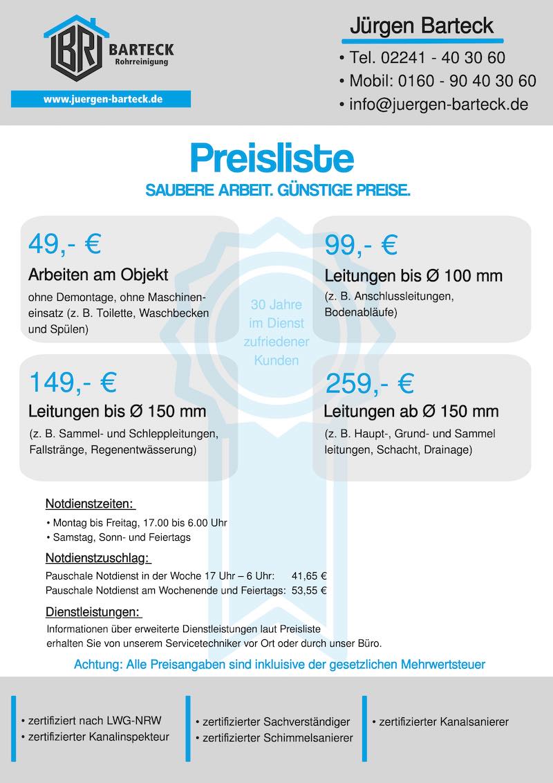 Preisliste Rohrreinigung Barteck 2023
